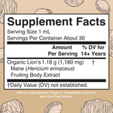 Close-up of Lions Mane Mushroom bottle label showing organic certification